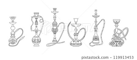 A set of illustrations of hookahs in the line style. Black and white hookah. 119913453