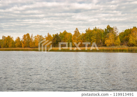 Autumn landscape with river. Autumn landscape with river. 119913491