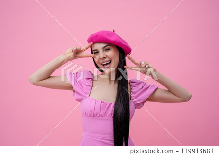 Beautiful you woman in pink dress and pink beret smiling happily Beautiful you woman in pink dress and pink beret smiling happily 119913681