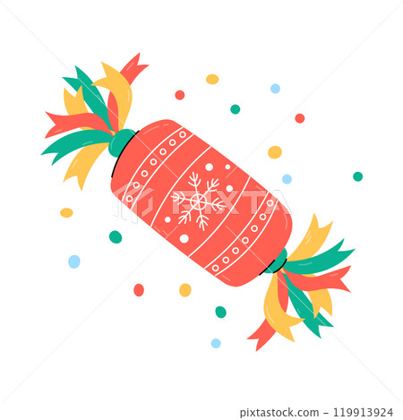 Christmas cracker isolated. Vector illustration of broken holiday cracker and confetti. Cute colorful Xmas or New Year flat and doodle design element Christmas cracker isolated. Vector illustration of broken holiday cracker and confetti. Cute colorful Xmas or New Year flat and doodle design element 119913924