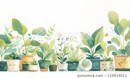 可愛的盆栽室內植物系列，鬱鬱蔥蔥的內飾，白色背景，自然 119914011