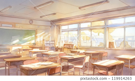 日本學校教室 | 放學後夕陽照耀下的寧靜教室 119914263