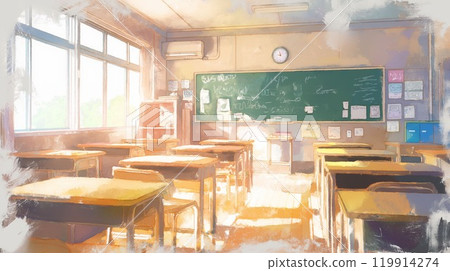 日本學校教室 | 放學後安靜的教室沐浴在溫暖的早晨陽光下 119914274