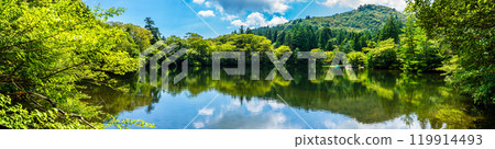 Panorama of the fresh greenery of the White Cloud Pond [Unzen City, Nagasaki Prefecture] 119914493
