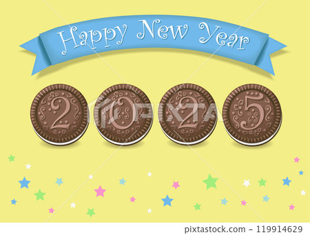 Chocolate Cookie Happy New Year 2025. The number 2025 is as a artistic chocolate cookies with cream. The background is yellow with stars. The banner is blue with white text.  119914629