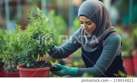 a woman wearing a hijab, carefully tending to a potted plant in a garden 119914821