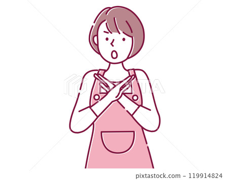 A woman in an apron making a "X" sign with her hands 119914824
