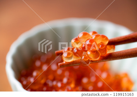 Close-up of salmon roe marinated in soy sauce Close-up of salmon roe marinated in soy sauce 119915163