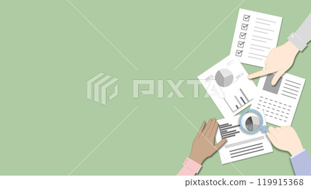 Illustration of various people's hands checking documents. Document color is gray. Right side version. 119915368