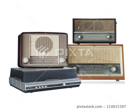 four antique radios on white wall background, object, ancient, decor, fashion, template, copy space 119915397