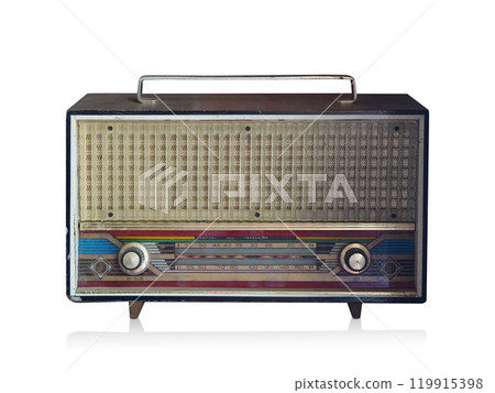 front view ancient brown and black wooden radio on white background, object, decor, fashion, copy space 119915398