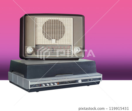 front view antique brown wooden radio on black and silver record player on gradient pink and purple background, on white floor, object, decor, fashion, gift, word, banner, copy space front view antique brown wooden radio on black and silver record player on gradient pink and purple background, on white floor, object, decor, fashion, gift, word, banner, copy space 119915431