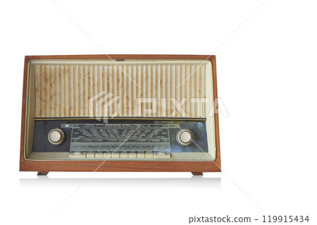 front view large antique and rust brown wooden radio on white background, object, decor, fashion, copy space front view large antique and rust brown wooden radio on white background, object, decor, fashion, copy space 119915434