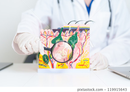 Dermatologist with magnifying glass anatomy of human skin with hair. Skin disease and Hair loss. Health care, Melanoma and skin cancer, Insurance, Dermatology treatment and Beauty consultation clinic Dermatologist with magnifying glass anatomy of human skin with hair. Skin disease and Hair loss. Health care, Melanoma and skin cancer, Insurance, Dermatology treatment and Beauty consultation clinic 119915643