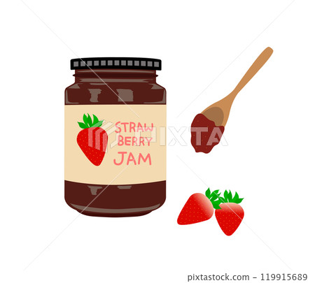 Strawberry jam bottle, spoon with strawberry jam, and strawberry 119915689