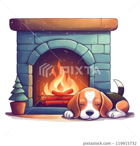 Illustration of a beagle sleeping by the fireplace 2 / Flyer or poster material 119915732