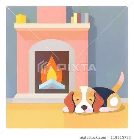 Illustration of a beagle sleeping by the fireplace 3 / Flyer or poster material Illustration of a beagle sleeping by the fireplace 3 / Flyer or poster material 119915733