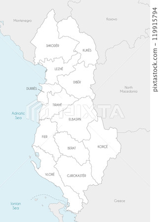 Vector regional map of Albania with counties and administrative divisions, and neighbouring countries and territories. Editable and clearly labeled layers. Vector regional map of Albania with counties and administrative divisions, and neighbouring countries and territories. Editable and clearly labeled layers. 119915794