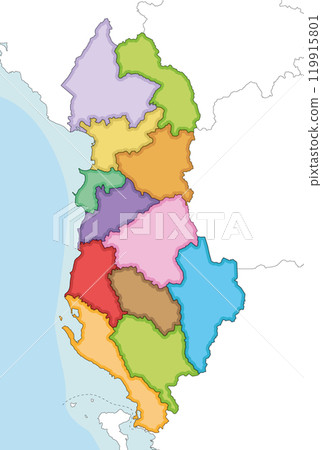 Vector illustrated regional blank map of Albania with counties and administrative divisions, and neighbouring countries and territories. Editable and clearly labeled layers. 119915801