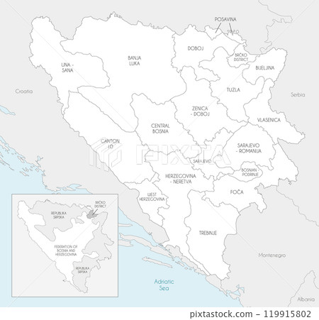Vector map of Bosnia and Herzegovina with entities, cantons, regions and administrative divisions, and neighbouring countries and territories. Editable and clearly labeled layers. 119915802