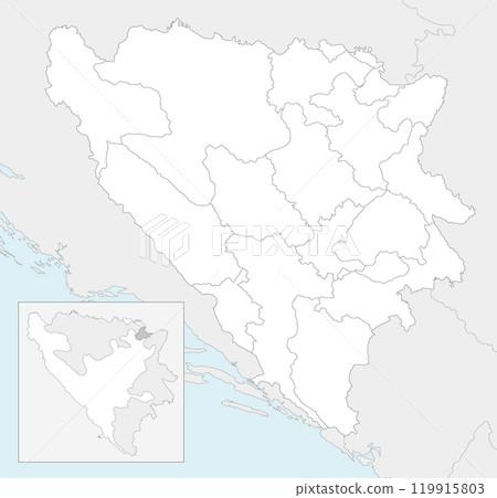 Vector blank map of Bosnia and Herzegovina with entities, cantons, regions and administrative divisions, and neighbouring countries and territories. Editable and clearly labeled layers. 119915803