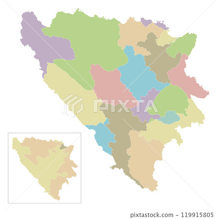 Vector blank map of Bosnia and Herzegovina with entities, cantons, regions and administrative divisions. Editable and clearly labeled layers. 119915805
