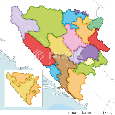 Vector illustrated blank map of Bosnia and Herzegovina with entities, cantons, regions and administrative divisions, and neighbouring countries and territories. Editable and clearly labeled layers. 119915809