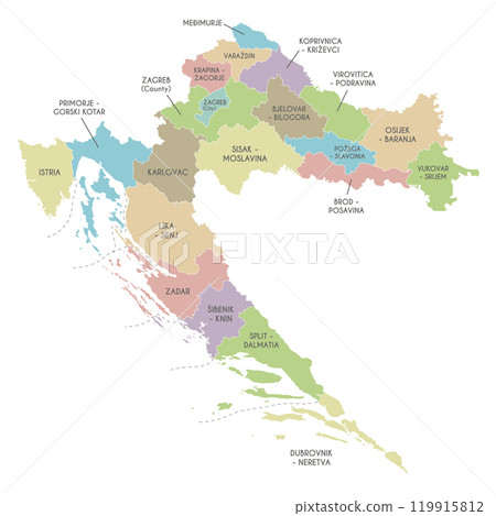 Vector regional map of Croatia with counties, capital city and administrative divisions. Editable and clearly labeled layers. Vector regional map of Croatia with counties, capital city and administrative divisions. Editable and clearly labeled layers. 119915812