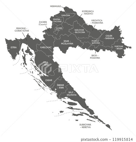 Vector regional map of Croatia with counties, capital city and administrative divisions. Editable and clearly labeled layers. Vector regional map of Croatia with counties, capital city and administrative divisions. Editable and clearly labeled layers. 119915814