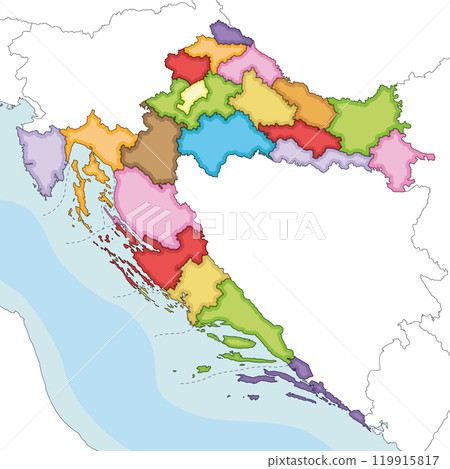 Vector illustrated regional blank map of Croatia with counties, capital city and administrative divisions, and neighbouring countries and territories. Editable and clearly labeled layers. Vector illustrated regional blank map of Croatia with counties, capital city and administrative divisions, and neighbouring countries and territories. Editable and clearly labeled layers. 119915817