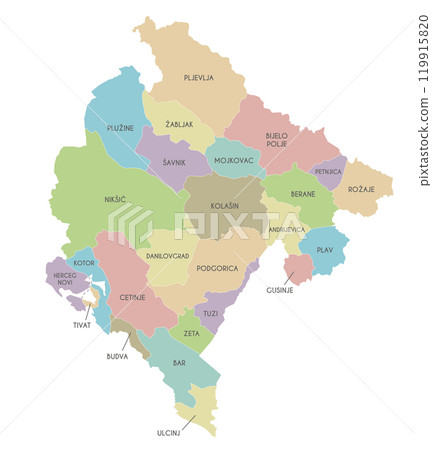 Vector regional map of Montenegro with municipalities or territories and administrative divisions. Editable and clearly labeled layers. Vector regional map of Montenegro with municipalities or territories and administrative divisions. Editable and clearly labeled layers. 119915820