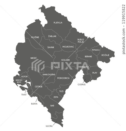 Vector regional map of Montenegro with municipalities and administrative divisions. Editable and clearly labeled layers. 119915822