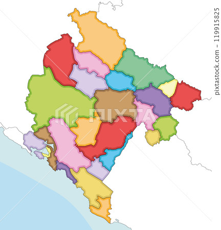 Vector illustrated regional blank map of Montenegro with municipalities and administrative divisions, and neighbouring countries and territories. Editable and clearly labeled layers. 119915825