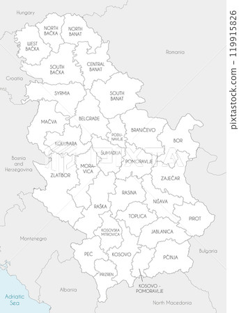 Vector regional map of Serbia with districts and administrative divisions, and neighbouring countries and territories. Editable and clearly labeled layers. Vector regional map of Serbia with districts and administrative divisions, and neighbouring countries and territories. Editable and clearly labeled layers. 119915826