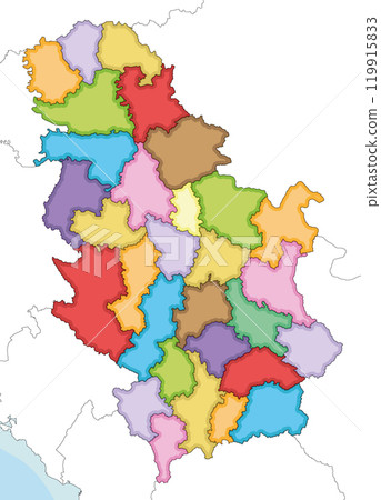 Vector illustrated regional blank map of Serbia with districts and administrative divisions, and neighbouring countries and territories. Editable and clearly labeled layers. 119915833
