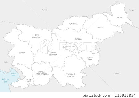 Vector map of Slovenia with statistical regions and administrative divisions, and neighbouring countries and territories. Editable and clearly labeled layers. Vector map of Slovenia with statistical regions and administrative divisions, and neighbouring countries and territories. Editable and clearly labeled layers. 119915834