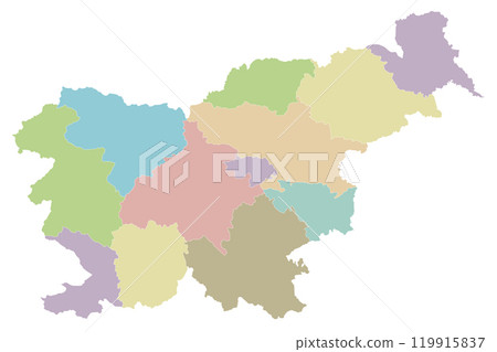 Vector blank map of Slovenia with statistical regions or territories and administrative divisions. Editable and clearly labeled layers. Vector blank map of Slovenia with statistical regions or territories and administrative divisions. Editable and clearly labeled layers. 119915837