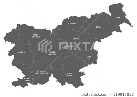 Vector map of Slovenia with statistical regions or territories and administrative divisions. Editable and clearly labeled layers. 119915838