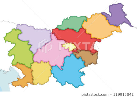 Vector illustrated blank map of Slovenia with statistical regions and administrative divisions, and neighbouring countries and territories. Editable and clearly labeled layers. 119915841