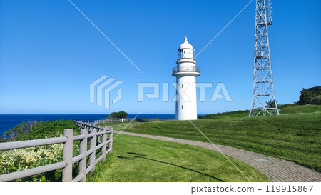 Blue sky, grass and lighthouse on the cape 119915867