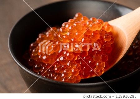 Close-up of salmon roe marinated in soy sauce served in a rice bowl Close-up of salmon roe marinated in soy sauce served in a rice bowl 119916283