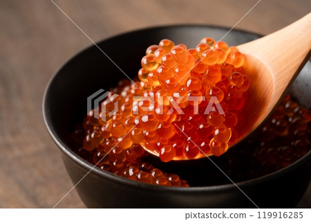 Close-up of salmon roe marinated in soy sauce served in a rice bowl Close-up of salmon roe marinated in soy sauce served in a rice bowl 119916285