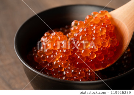 Close-up of salmon roe marinated in soy sauce served in a rice bowl Close-up of salmon roe marinated in soy sauce served in a rice bowl 119916289