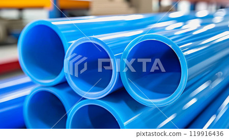 Construction site, PVC pipes for sewerage pipeline, plumbing materials for repair. 119916436