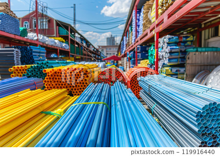 Construction site, PVC pipes for sewerage pipeline, plumbing materials for repair. 119916440