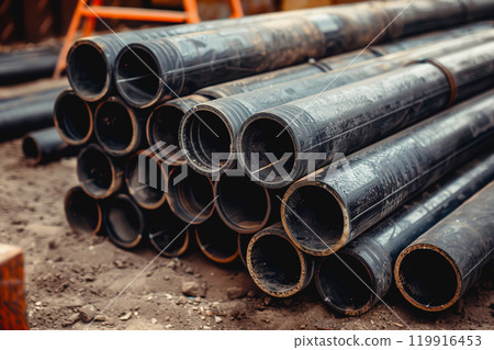 Construction site, PVC pipes for sewerage pipeline, plumbing materials for repair. Construction site, PVC pipes for sewerage pipeline, plumbing materials for repair. 119916453