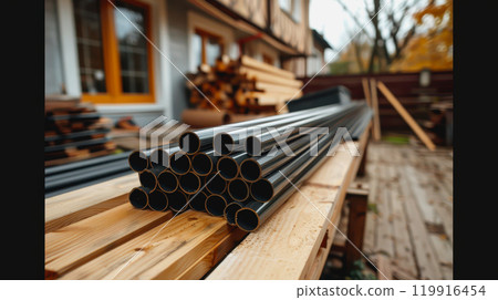 Construction site, PVC pipes for sewerage pipeline, plumbing materials for repair. Construction site, PVC pipes for sewerage pipeline, plumbing materials for repair. 119916454