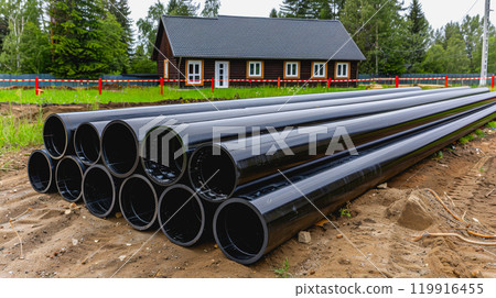 Construction site, PVC pipes for sewerage pipeline, plumbing materials for repair. 119916455