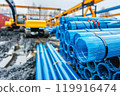 Construction site, PVC pipes for sewerage pipeline, plumbing materials for repair. 119916474