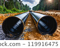 Construction site, PVC pipes for sewerage pipeline, plumbing materials for repair. 119916475